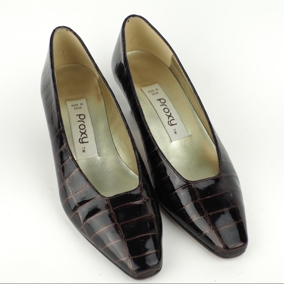 Proxy sz 6 brown leather croc pattern patent pumps - Picture 2 of 8
